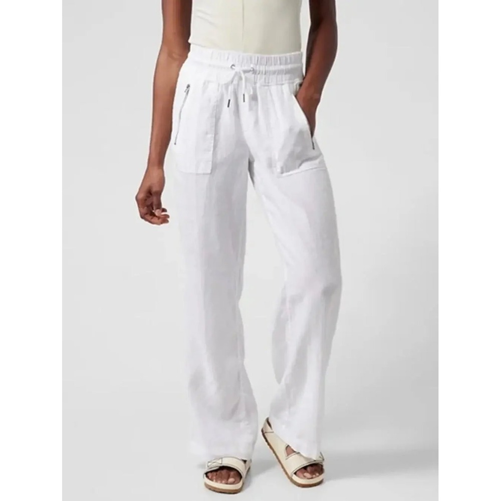 Athleta Cabo Linen Wide Leg Pant In Calla Lily White Sz 4 Beachy Coastal Casual